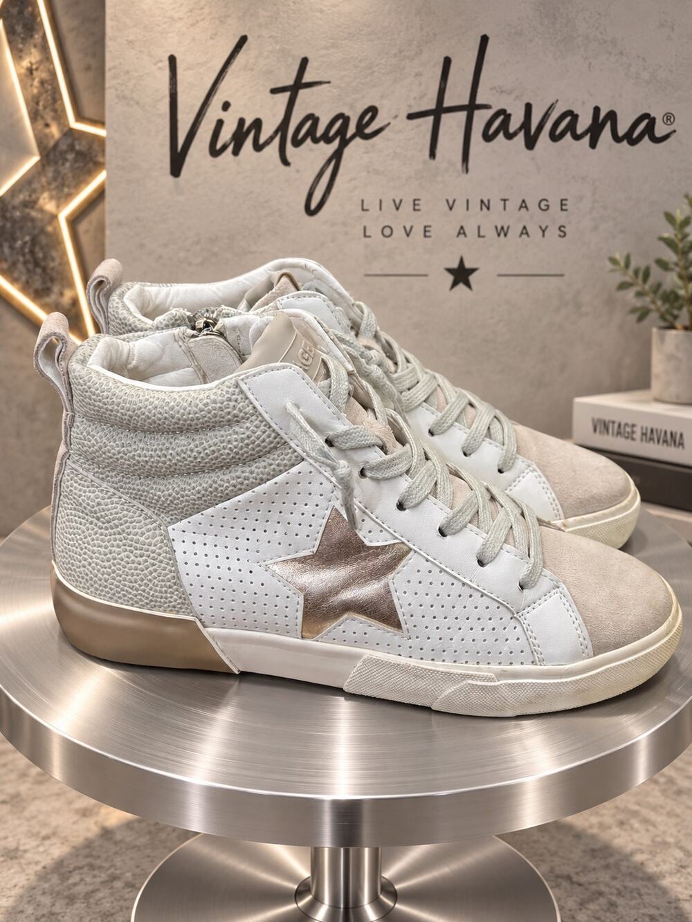Vintage Havana Bishop Gold Star High Top Sneakers Taupe Multi Women’s Size 6.5